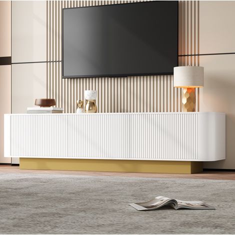 MODFU – Meuble TV 170x40,5x47 cm MDF/panneaux particules – 3 portes et étagère réglable – Passe-câbles et angles arrondis – Salon – Blanc (1/5)