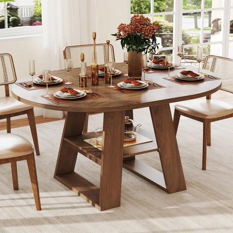 Mesa de comedor extensible, 110/150110 cm, apta para 4-6 personas, mesa redonda, mesa de comedor con espacio de almacenamiento y estantes, color madera de nogal. (1/5)