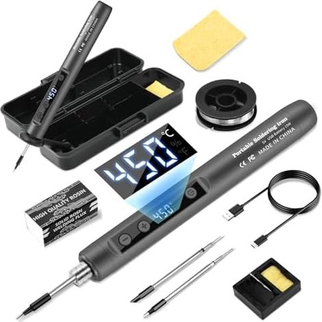 Kit de fer à souder sans fil avec support avec écran LCD, température réglable (180–450 °C) et 3 pannes, Idéal pour la réparation de circuits imprimés et les travaux de soudure - Gris (1/5)