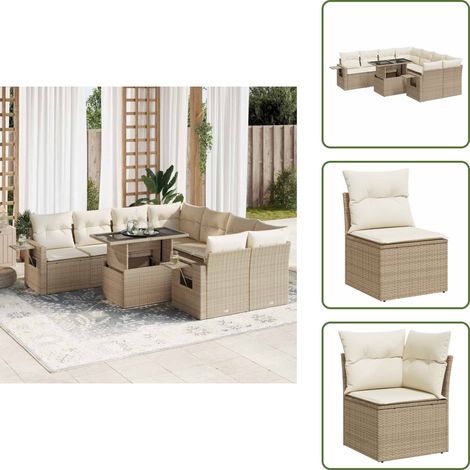 9-tlg. Garten-Sofagarnitur mit Kissen Beige Poly Rattan - Gartensofa Set - Garten Sofa Set - Outdoor Sofa Set - Garten Sofagarnitur (1/5)