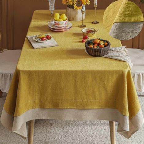 Nappe rectangulaire en coton et lin jaune 142 x 178 cm, patchwork jaune et beige. (1/5)