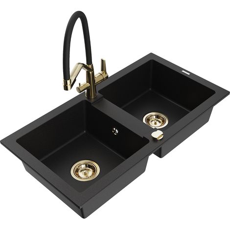 Mexen Mario 2-Becken-Granitspüle mit Mischbatterie Duo, Schwarz - 6504-77-671701-57-G