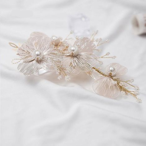 pingle Cheveux Fleur Perle En Cuivre Tress Une Main, Barrette Fleur, Bijoux De Mariage Casque De Marie (1/5)