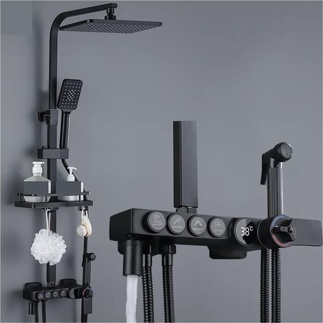 Ensemble de douche mitigeur thermostatique intelligent DisplayThermostatic Noir Bain Et Douche Robinet Ensemble Robinet De Baignoire Avec Étagère De Salle De Bains Le Débit D'eau Produit De L'Électric (1/5)
