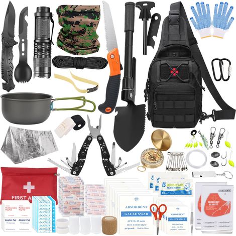 Kit de Survie 35 en 1, 134pcs Trousse de Survie Polyvalente avec Trousse de Secours, Couverture de Survie, Mini Pelle Pliante, Pince Multifonction, Lampe Torche, Sac à Bandoulière (1/5)