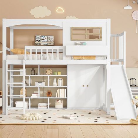 Lit superposé enfant - SOGEU - 90x200 - Toboggan - Armoire intégrée - Pin massif blanc (1/5)