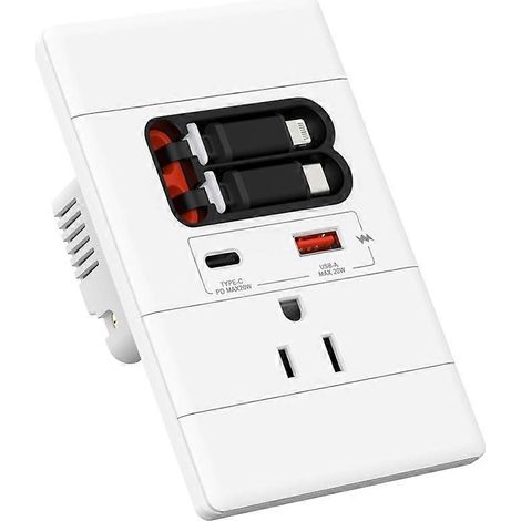 Prise murale USB-C avec diode GaN PD20W, câbles USB-C et USB-A rétractables, inviolable, 15 A, 125 V (1/5)