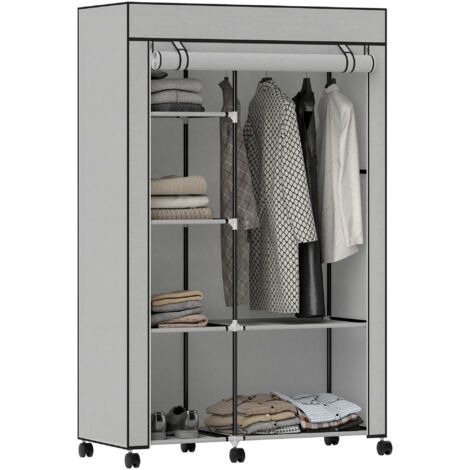BUNTHAUS Armoire penderie en tissu meuble de rangement 6 roulettes tringle à vêtements et étagères ouvertes 103x43x162,5cm gris