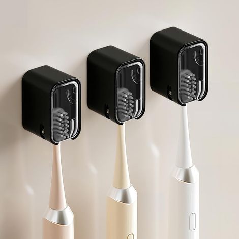 Lot de 3 Supports de Brosse à Dents muraux pour Salle de Bain, Support de Brosse à Dents Autocollant Solide avec Couvercle, Organiseur de têtes de Brosse à Dents pour la Famille, Noir (1/5)