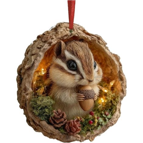 Ornement Animal Forêt - Squirrel En Bois Naturel - Décoration Arbre De Noël - Cadeau Amoureux Des Animaux - Lot De 1 (1/5)
