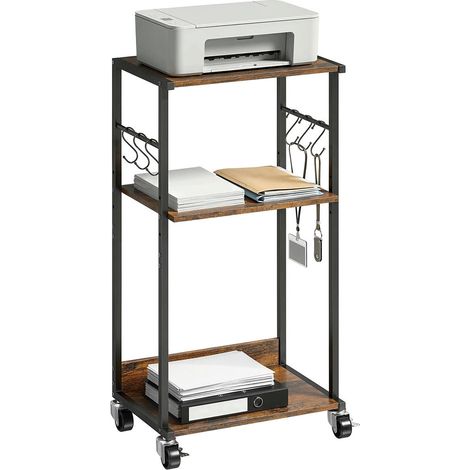 3 niveaux support imprimante mobile, table d'imprimante de bureau avec 4 roues et 6 crochets, marron rustique (1/5)