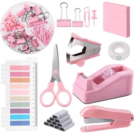 Kit de fournitures de bureau rose, 9 pièces, accessoires de bureau, y compris agrafeuse, distributeur de ruban, porte-onglets, ciseaux, trombones, ruban, clips et feuillets autocollants, idéal (1/5)