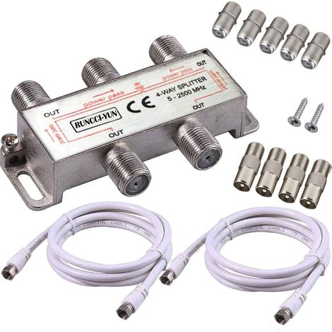 4-Voies Répartiteur Large Bande TV CATV d’Intérieur Séparateur MoCA 5-2500MHz avec 2 1,5 m de Câble Coax F Prises (1/5)