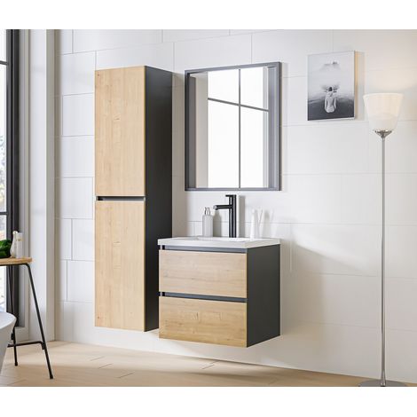 Meuble de salle de bain Chêne hamiltion et gris diamant L80-H57-P46 - Marseilla + Plan de vasque en bois CHÊNE D'HAMILTON L-80-P47-H2,5 (1/3)
