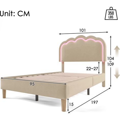 Lit à LED rembourré 90x190 cm, structure avec sommier à lattes et tête ajustable, housse lin beige, couchage enfant ou invités, literie design moderne (1/5)