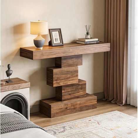 REDOM - Tavolo da pranzo 108x30x80 cm, design a gradini, base geometrica, per decorazioni, legno marrone scuro (1/5)