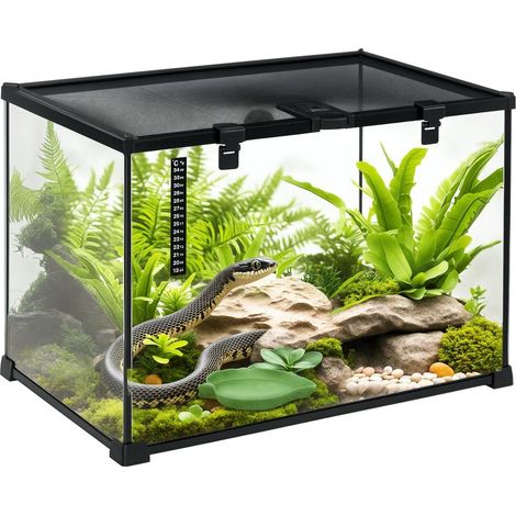 Habitat sécurisé : terrarium en verre avec thermomètre, serrure et base surélevée pour reptiles, 50x30x35 cm noir (1/5)