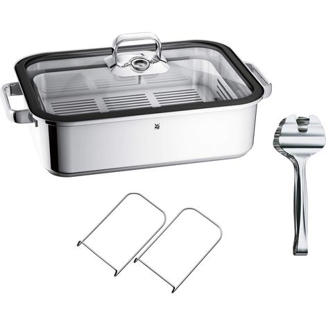 WMF Vitalis Aroma - Pentola a vapore, a induzione, 41 x 27 x 10 cm, teglia da 6,5 l, pinza da servizio, coperchio in vetro, bordo in silicone, termometro, in acciaio inox Cromargan non rivestito (1/5)