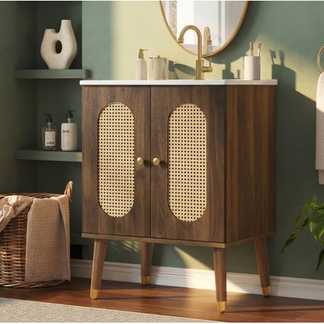 Mueble de baño con lavabo (61x47x89 cm), puertas de ratán, estantes fijos, cerámica, MDF color nogal (1/5)