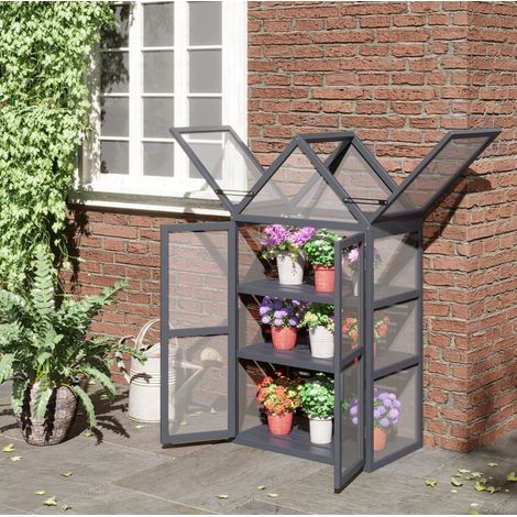 REDOM Invernadero mini (70.5x42x132 cm), 3 estantes, techo abatible, 2 puertas, madera y policarbonato gris (1/5)