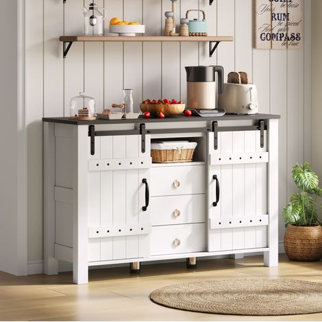 Buffet en MDF blanc 120x40x80 cm, avec 2 portes coulissantes, 3 tiroirs et grand espace de rangement (1/5)