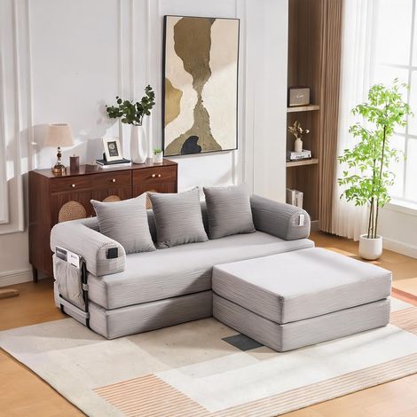 Sofa modulaire en velours côtelé gris clair 508 cm avec pouf (1/5)