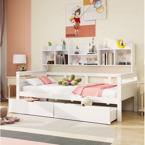 Cama individual 90x200 cm en blanco con cajones y estantes (1/5)