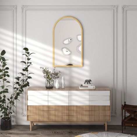 Miroir mural arqué, 110 x 65 cm, cadre en bois, miroir arqué pour salon, chambre, entrée, bois naturel (1/5)