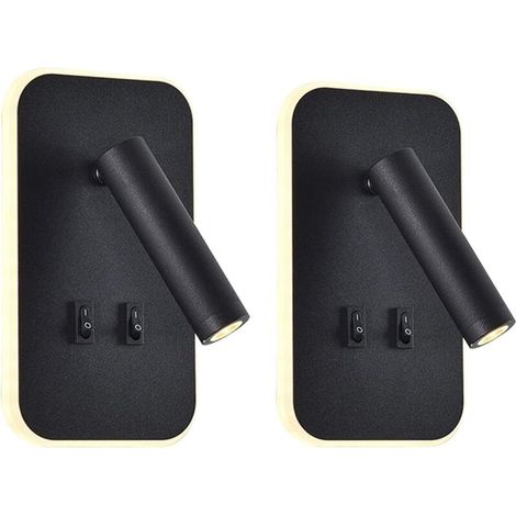 LED wall light, bedside reading light, 12W LED wall reading lights, adjustable spotlight (3W + 9W 3000K warm light) (black rectangle 2PCS) (1/4)