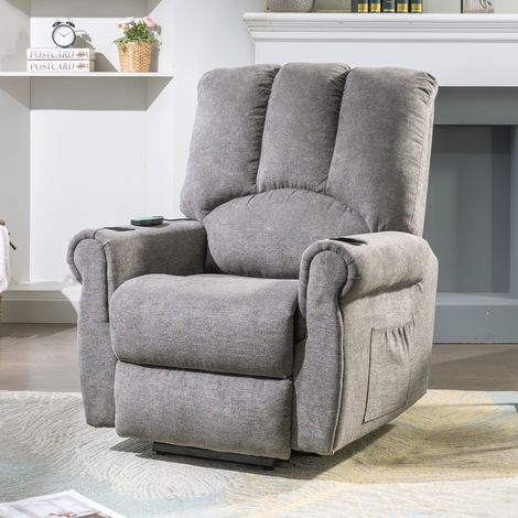 Electric Lift Grey Senior Chair - Single Motor, Heated Massage, Stand Assist, Storage Pockets, Cup Holders