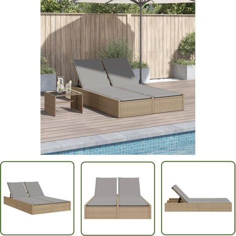 The Living Store Chaise longue double avec coussins beige résine tressée - Chaises Longues Doubles - Chaises Longues Pliantes - Transats - Lit De Bronzage - Mobilier De Jardin (1/5)