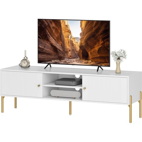 Weißer 65-Zoll-Fernsehständer, 140 x 38 x 45,9 cm, mit 2 Türen, 2 offenen Regalböden und Stahlbeinen.