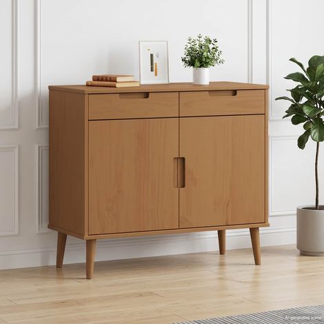 Buffet de rangement 2 tiroirs et 2 portes en pin massif caramel 90 x 40 x 80 cm - PANGIVO (1/5)