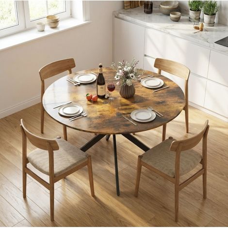Mesa de comedor redonda, estilo industrial, para 4 personas, patas de acero en X, madera marrón rústico (1/5)