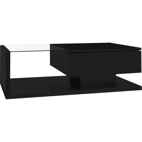 ELVMI Couchtisch mit 1 Ablagefach, LED und Platte aus Gehärtetem Glas, Schwarz Hochglanz, 105 × 55 × 32.5 cm (1/5)
