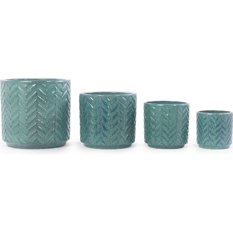 Set 4 vasi in ceramica smaltata blu acqua, effetto rilievo spina di pesce, con fori di drenaggio (1/5)