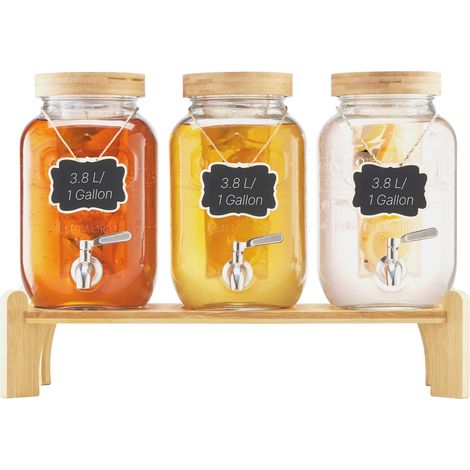Distributeur de Boissons Capacité de 3,8 L 3PCs, Fontaine à Eau en Verre, Distribution d’Eau Jus Limonade Thé Glacé, avec Support en Bois, Robinet et Infuseur, pour Restaurant Café Hôtel Fête (1/5)