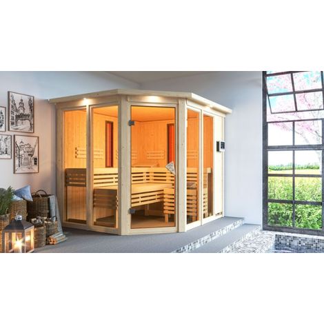 Karibu Kombi-Sauna Ava inkl. Infrarotstrahler Innensauna 3 Sitzbänke aus Holz , Saunakabine mit 68 mm Wandstärke, Dampfsauna mit Montagematerial Naturbelassen (1/4)