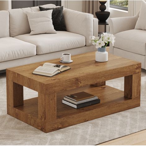 Mesa de centro rectangular color madera en MDF con estante de almacenamiento (1/5)