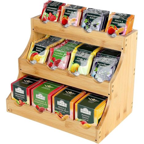 Vertikales Teebeutel-Aufbewahrungsregal aus Bambus, 12 verstellbare Fächer – Dreistöckige Teebox aus Holz für Teebeutel, Kaffee, Zucker und Rührstäbchen (1/5)