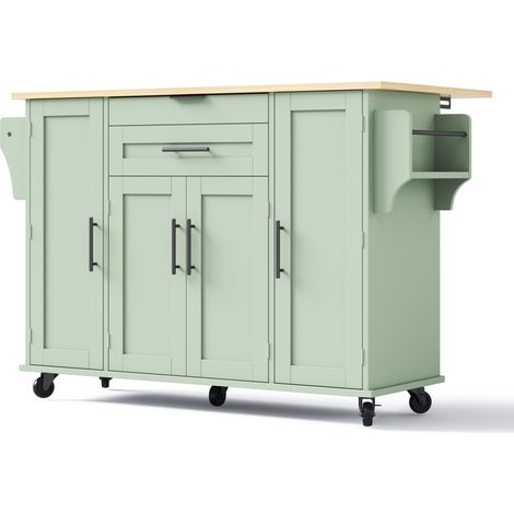 Îlot de cuisine mobile avec plan de travail extensible 120×45 cm, tiroirs dissimulés, étagères réglables, porte-serviettes et support à épices (1/5)