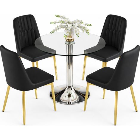 Essgruppe mit rundem Glastisch 85 cm und 4 PU-Stühlen Schwarz/Gold MODENUIT (1/5)