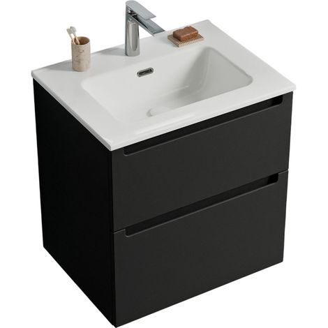 BERNSTEIN - Meuble vasque suspendu MDF Noir mat 60x46x62cm, lavabos Blanc + Bonde pop-up & trou robinet - VIREO 60 (1/5)