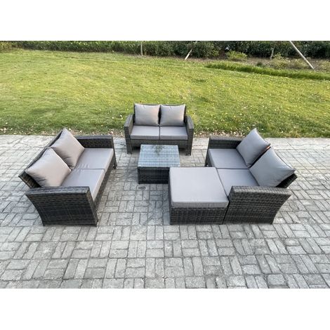 Fimous 7-Sitzer Rattan Gartenmöbel Sitzgruppe mit Quadratisch Couchtisch Doppelsitz-Sofa Großer Fußhocker (1/5)