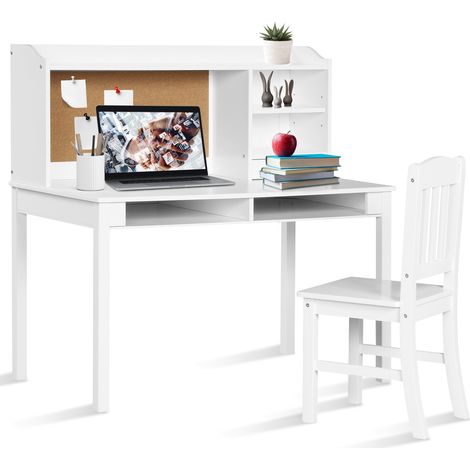 Bureau pour Enfant avec Chaise, Plateau, Tiroirs, Étagères, Tableau d'Affichage en Liège, Station de Bureau pour Chambre, Bureau, Salon, Blanc (1/5)