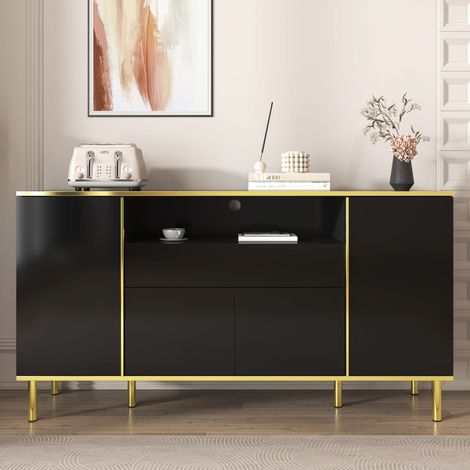 Commode noire laquée brillante 150x40x80 cm 1 tiroir chambre moderne (1/5)