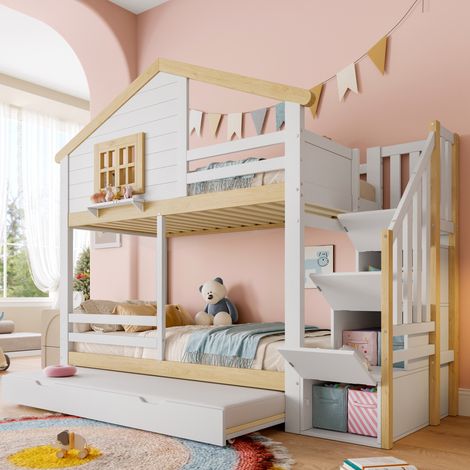 Letto a castello bambini 90x200 cm con letto aggiuntivo 90x190 cm, scala portaoggetti, finestra e sponda di sicurezza, senza materasso, bianco e naturale (1/5)