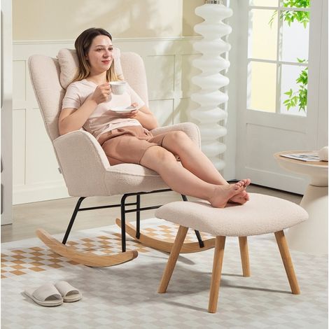 Poltrona a dondolo con poggiapiedi 70.5x101.5x99.5 cm beige in poliestere con schienale alto (1/5)