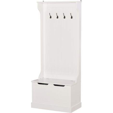 Porte-manteau moderne 3 en 1 avec 4 crochets, banc de rangement et penderie, meuble gain de place pour entrée, couloir ou chambre, en bois, 71,5 x 39,5 x 170 cm, blanc
