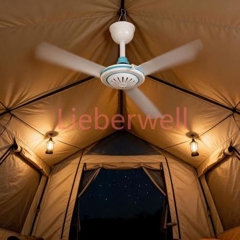 Ventilateur de plafond portable silencieux 12V DC–Mini suspendu pour camping, gazebo, chambre ou dortoir–Blanc et bleu (1/2)